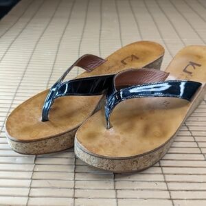 K Jacques St Tropez Saturnin Leather Thong Cork Wedge platform Sandals Black Pat